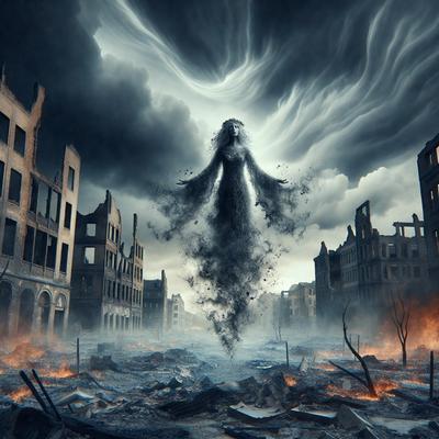 The primary subject of the image is a woman, possibly an angel, with wings and a flowing dress. She is standing in a cityscape, surrounded by buildings and a cloudy sky. The visual style of the image is digital art, with the woman's wings and flowing dress appearing as if they are made of smoke or mist. The colors in the image are predominantly dark, with the woman's dress being the most prominent color, and the overall atmosphere is mysterious and dramatic.